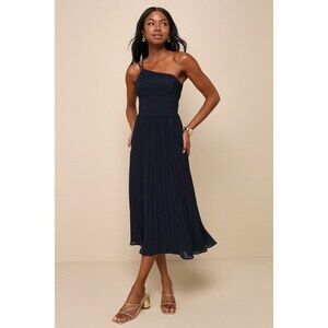 Lulus Wondrous Muse Navy Blue Pleated One-shoulder Midi Dress - Size M